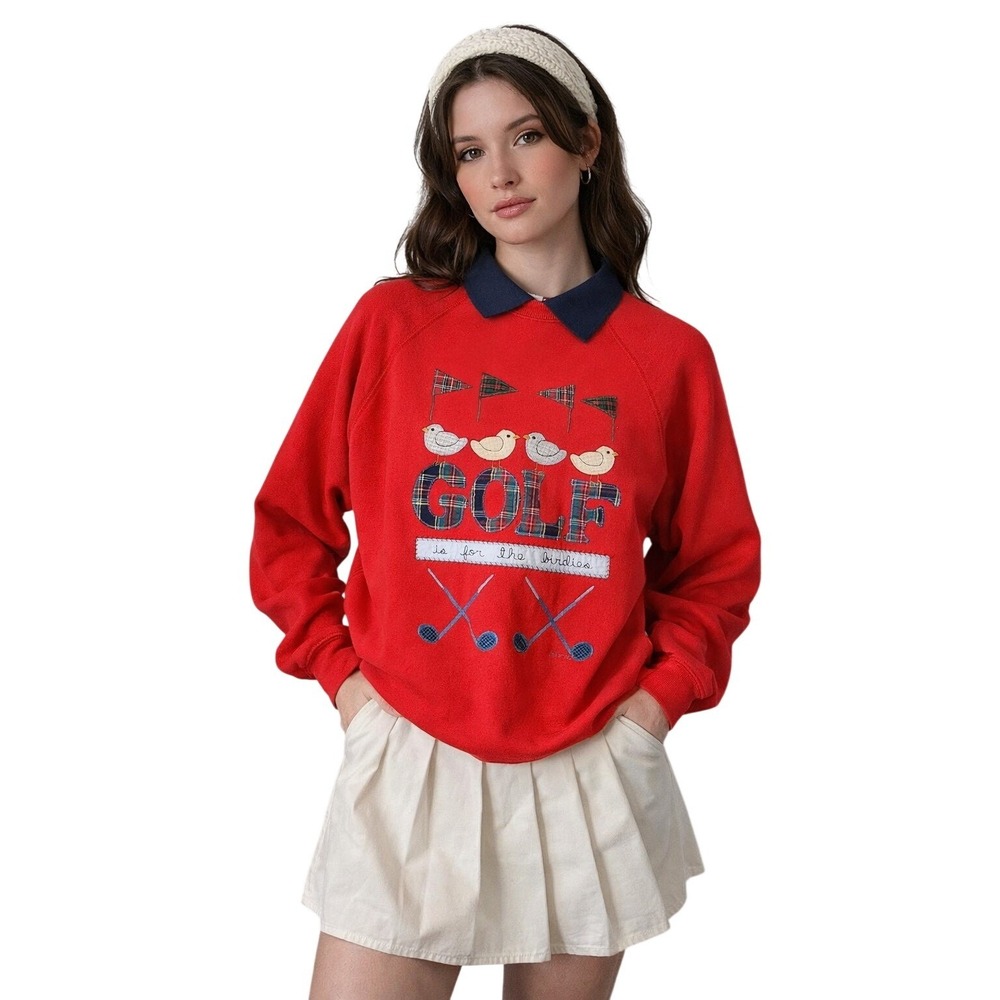VALORIE‎ SOCKWELL Folk Art Golf Appliqué Collared Sweatshirt Preppy VTG 90's L
